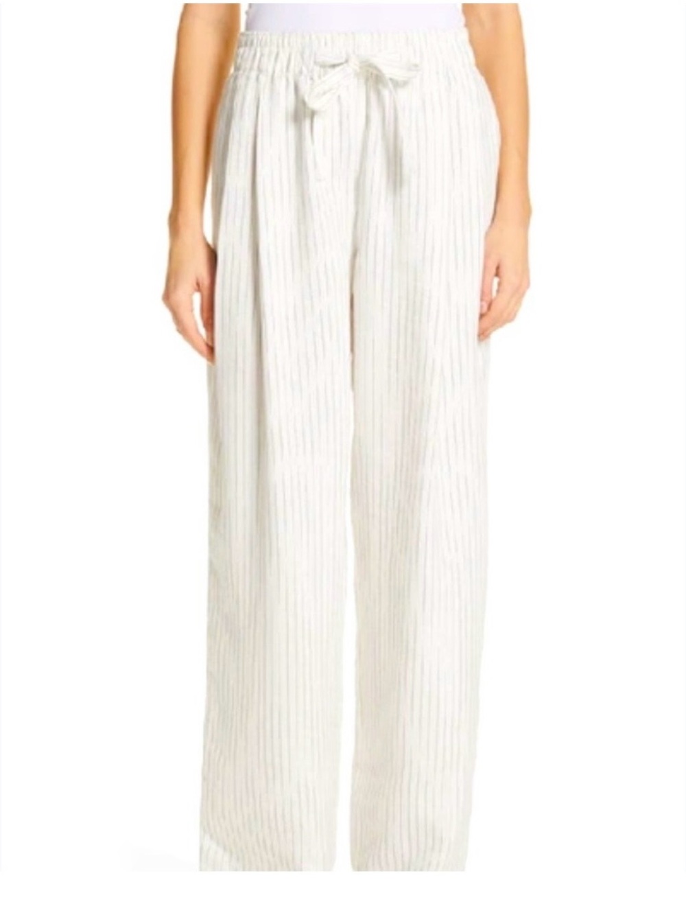 Vince White Pencil Stripe Wide-Leg Drawstring Linen-Blend Pants